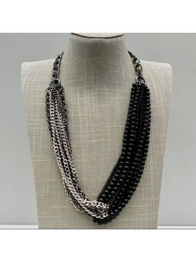 Talbots Necklace Modern Black Beaded Silver Tone Gunmetal Layered Chains 24 Inch